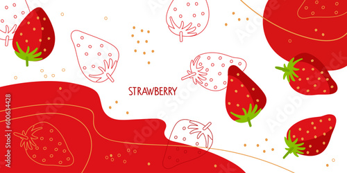 Strawberry on abstract background. Fresh farm fruit for diet. Ingredients for cooking, juice. Flat design for menu, cafe, restaurant, banner, emblem, sticker, recipe design. For packing juice or jam.