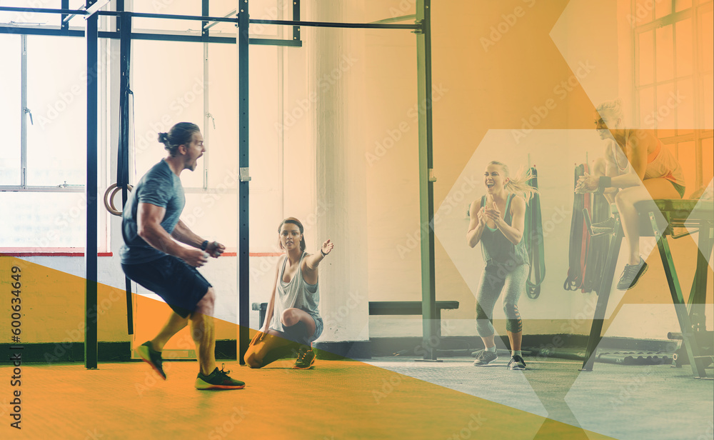 Fototapeta premium Overlay, fitness and man with group for training, gym workout and sports motivation. Happy, exercise and male coach excited with people at a club for sport, cardio and lifestyle class together