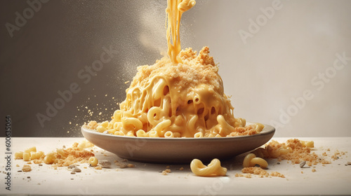 Mac and cheese, macaroni pasta in cheesy sauce - American style, top view, ai illustration  photo