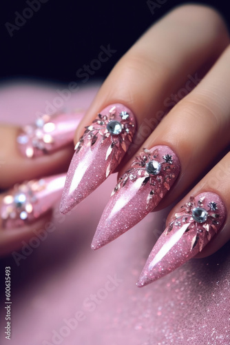 Very long shiny glittery nails with futuristic details. Y2K aesthetic millennial pink. Generative AI.