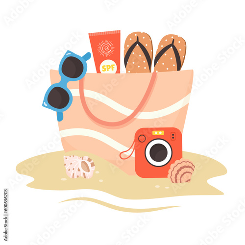 Beach bag with slippers, sunscreen and photo camera on sand. Front view of summer items. Summer accessories for beach and sea. Flat vector illustration isolated on white background