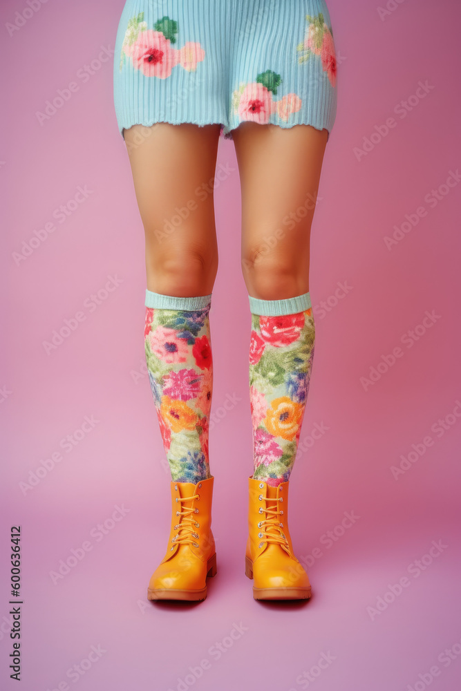Female legs with pastel pink and blue high knitted retro socks fitw flowers and yellow boots. Generative AI. Female legs with pastel pink and blue high knitted retro socks fitw flowers and yellow boots. Generative AI.