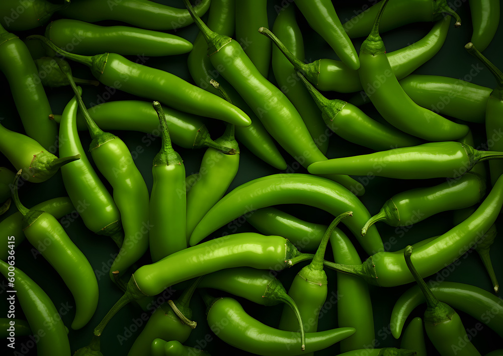Green chili peppers texture background top view