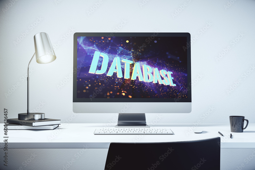 Modern computer monitor with creative Database word hologram, research and development concept. 3D Rendering Modern computer monitor with creative Database word hologram, research and development concept. 3D Rendering