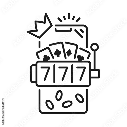 Slot machine with lucky sevens combination isolated outline icon. Vector 777 gambling game machine, reeling gambler roulette, playing device slot