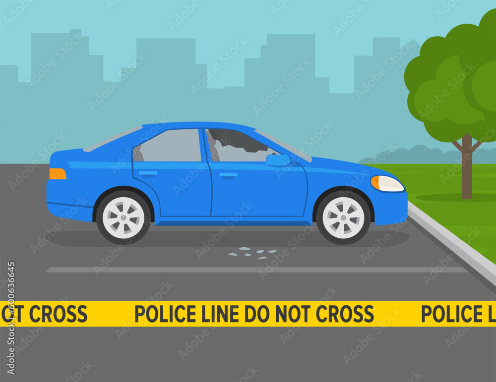 Crime scene on outdoor parking area. Smashed car side  window. Close-up of do not cross yellow tape. Flat vector illustration template.