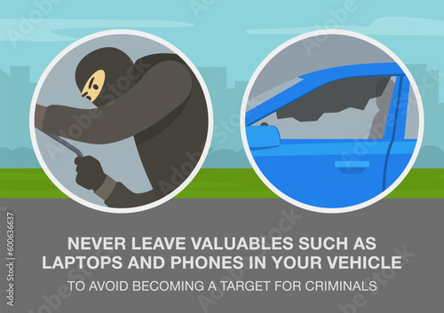 Car theft safety tips. Close-up of smashed car side window and thief with a robbery mask. Never leave valuables in your vehicle warning. Flat vector illustration template.