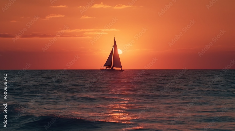 a sailboat is sailing in the ocean during a sunset.  generative ai