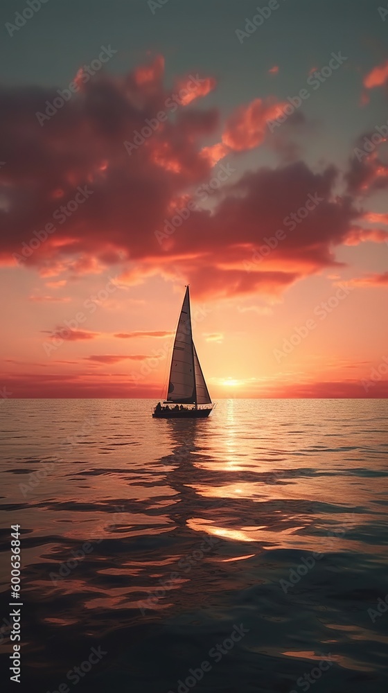  a sailboat in the ocean with a sunset in the background.  generative ai