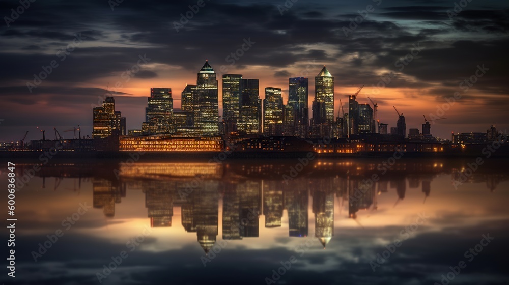  a city skyline is shown at night with clouds reflected in the water.  generative ai