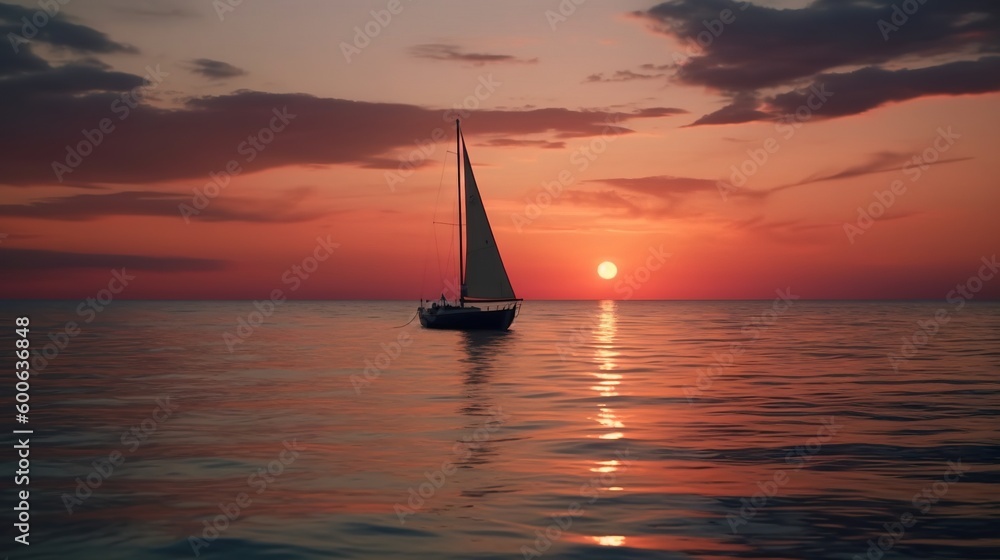  a sailboat in the ocean at sunset with the sun in the distance.  generative ai