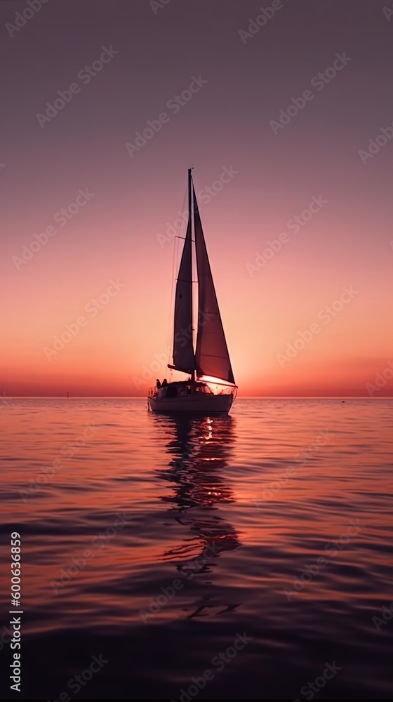  a sailboat in the ocean at sunset with the sun setting.  generative ai