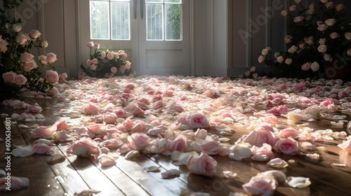  a room filled with lots of pink roses on the floor. generative ai