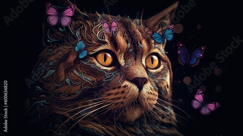  a painting of a cat with butterflies on its head and eyes. generative ai