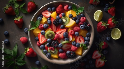  a bowl of fruit is surrounded by berries, limes, and strawberries. generative ai