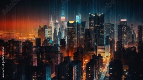  a cityscape with a lot of tall buildings at night.  generative ai © Shanti
