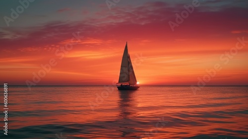  a sailboat is sailing in the ocean at sunset or dawn. generative ai