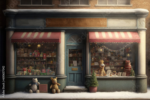 A Christmas shop with toys and sweets is lit up with lights on the eve of Christmas, generative AI.