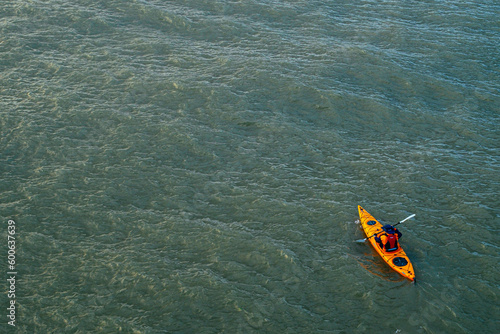 Kayaks in the lake. Tourists kayaking on the Bay, Aerial or drone view
