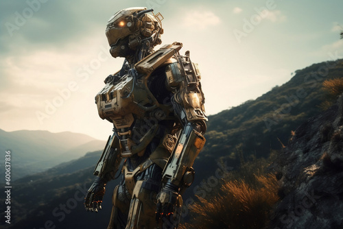 Golden sci-fi robot android science fiction cyborg with strong muscular structure standing in the mountains. Futuristic soldier character design concept. Generative AI Technology. 