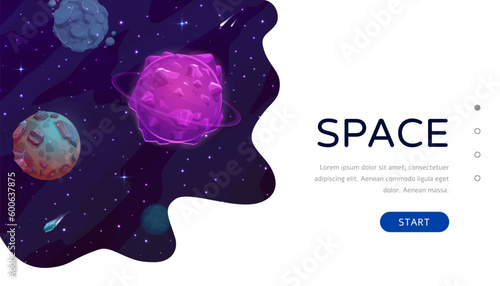 Space landing page, galaxy stars and planets landscape. Company landing page layout, startup launch social media homepage or business project site vector template with fantastic alien galaxy planets