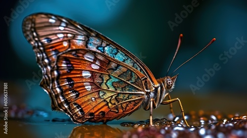  a close up of a butterfly on a table with water droplets.  generative ai © Shanti