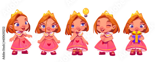 Cute princess character with expression, emotions isolated cartoon vector. Little funny girl in crown angry, think or have idea with light bulb, hold gift box and laugh, show tongue set of comic icons
