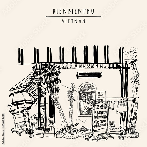 Vector Dienbienphu, Vietnam, Southeast Asia vintage hand drawn postcard. Old city corner restaurant. French colonial architecture. Street view of Vietnamese town. Travel sketch, retro artistic poster