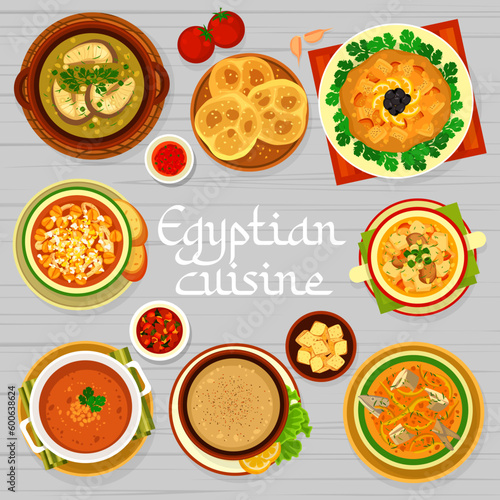 Egyptian cuisine meals menu page cover. Kawareh bi, Ab Ghooshte Fasl and Marka soups, Bissara pureed broad beans, Harira Ramadan and Balik corbasi fish soup, Kesra sesame bread, Zaalouk eggplant salad