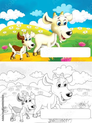 Cartoon farm scene with animal goat having fun with space for text - illustration for children