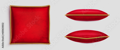Red velvet pillows decorated with gold cord or rope, 3D realistic vector illustrations. Scarlet silk cushion, royal design, top side view isolated on transparent background