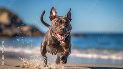 Playful American Staffordshire Terrier at the Beach