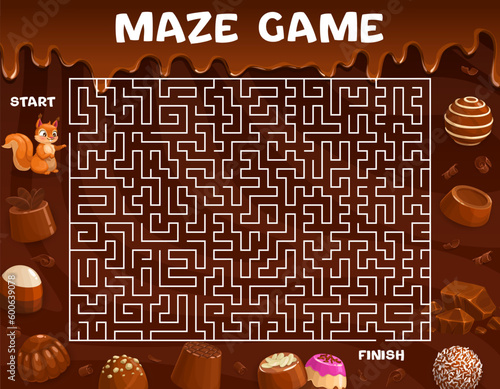 Labyrinth maze help to squirrel find a chocolate candy. Kids board game vector worksheet with path, start, finish, cartoon animal character and choco desserts and sweets, educational boardgame riddle