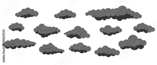 Smoke clouds vector icon set isolated on white background. Cartoon grey fluffy clouds collection for heaven 2d scene and backgrounds. Flat design cumulus clip art vector illustration.
