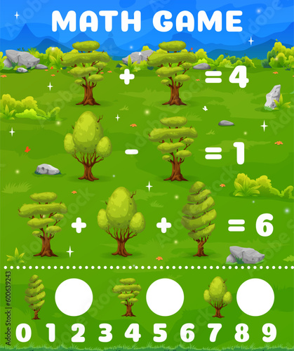 Cartoon forest trees, summer landscape, math game worksheet. Vector mathematics riddle for children education, preschool homework page. Task for learning arithmetic equations and calculation puzzle