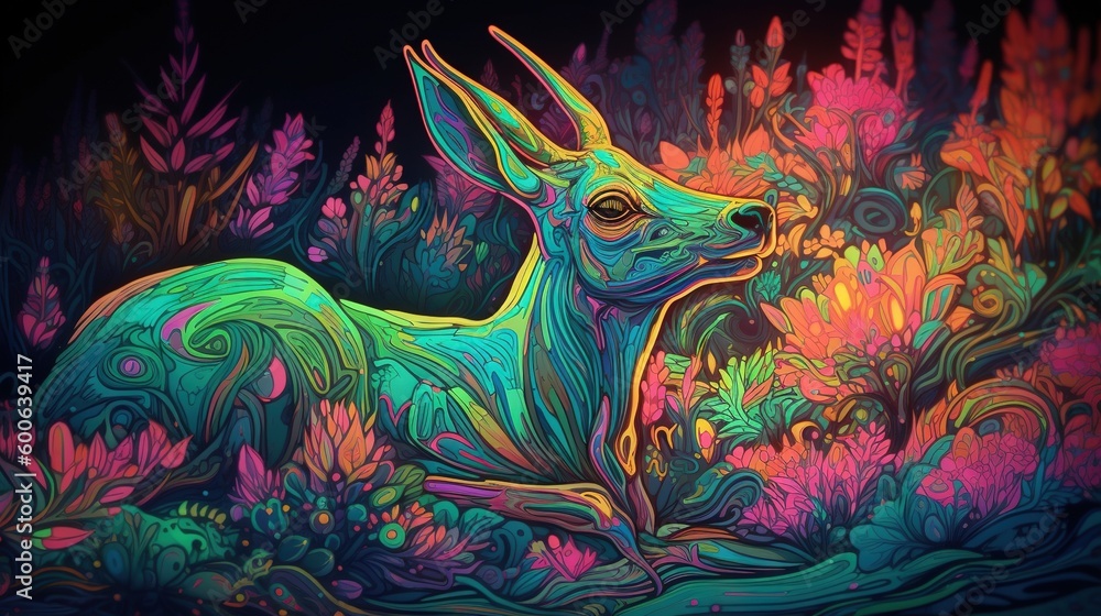a painting of a deer in a field of grass and flowers. generative ai a painting of a deer in a field of grass and flowers. generative ai