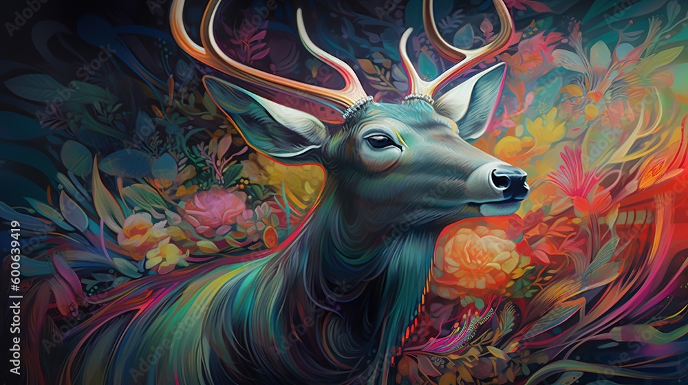  a painting of a deer with flowers on it's back.  generative ai