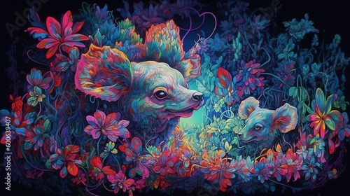  a painting of a bear and cub surrounded by flowers and butterflies. generative ai