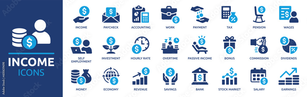 Income icon set. Containing money, tax, earnings, payment, accounting, paycheck, work, pension and wages icons. Solid icon collection. Vector illustration. - obrazy, fototapety, plakaty 