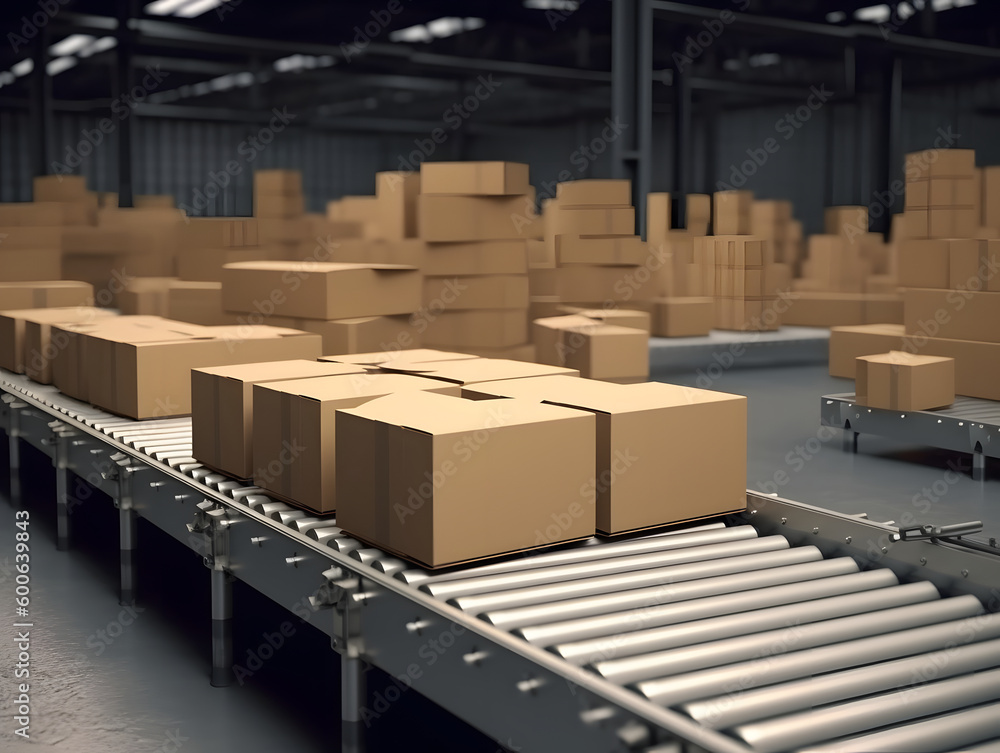 Multiple carton boxes being transported on conveyor belts in factory before delivering Multiple carton boxes being transported on conveyor belts in factory before delivering