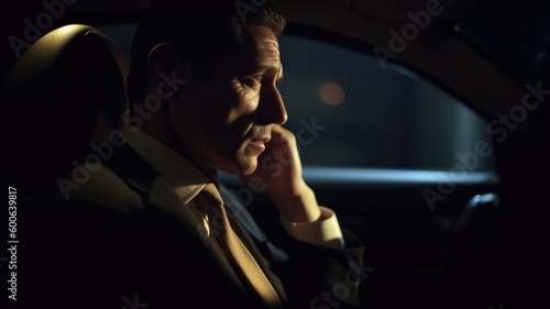 CEO Male Caucasian Mature Making phone calls and negotiating deals in a chauffeured moving car. Generative AI AIG22. photo