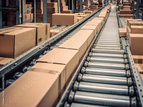 Multiple carton boxes being transported on conveyor belts in factory before delivering