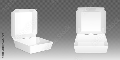 White cardboard burger box, realistic vector illustration. Paper takeaway blank package for fast food, lunch container template, open mock up, front angle view isolated on transparent background