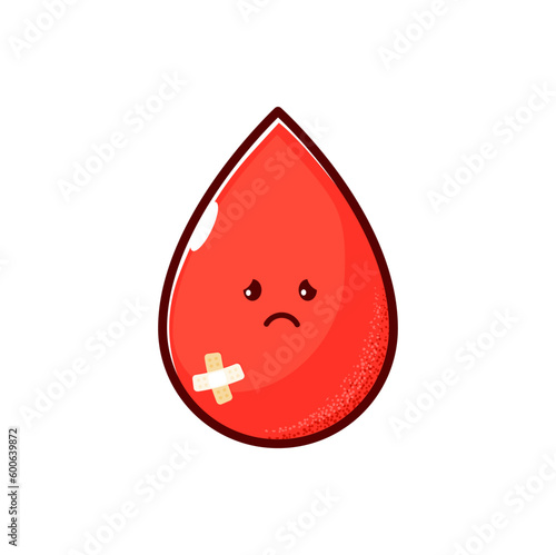 Cartoon sick blood drop character. Diabetes disease, glucose level measurement or test bad result, circulatory system problem, glycemia diagnosis vector concept with unhealthy blood drop personage