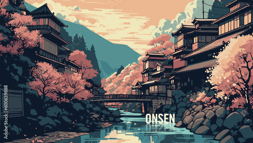 Japan Onsen Hot Spring. Suitable for Web Banner, poster and magazine. Japan tourism. Modern anime art style illustrations. Vector Illustration