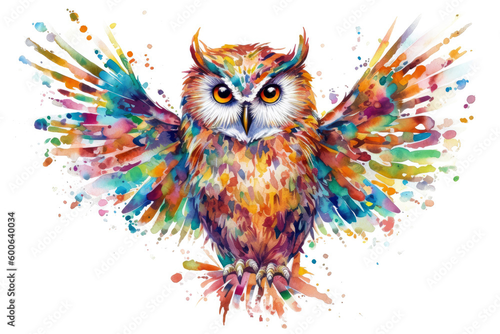 Abstract animal Owl portrait with colorful hundreds of different colors paint isolated on white background, with Generative AI.