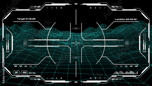 HUD futuristic monitor screen interface, target aim control dashboard, vector crosshair display. HUD technology and space game UI virtual panel with shooting radar and target aim controls on screen