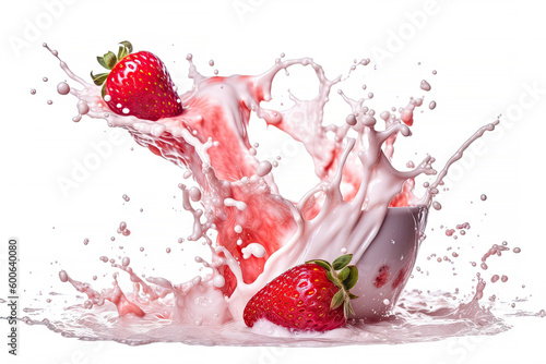 Strawberries and berries milk smoothie splash isolated on white background, creamy yogurt, dessert sweeties dipped products, with Generative AI.