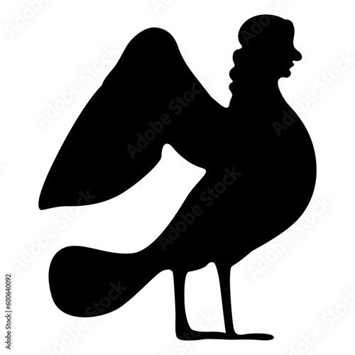 Siren or Harpy. Bird with woman head. Ancient Greek vase painting design. Fantastic mythological animal. Black silhouette on white background.