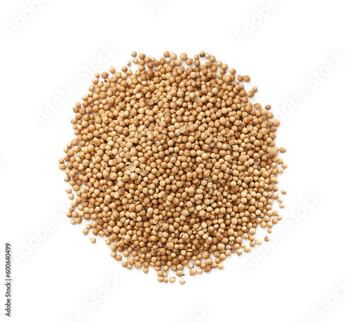 top view dry coriander seed spice isolated on white background. pile of dry coriander seed isolated. heap of coriander seed food isolated background. overhead flat lay